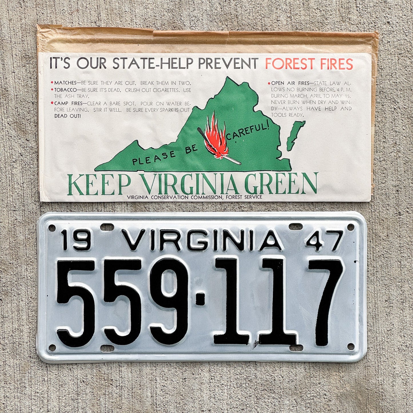 Photo of a 1947 Virginia License Plate Auto Tag Garage Decor Vintage New Old Stock 559 117 with original patina