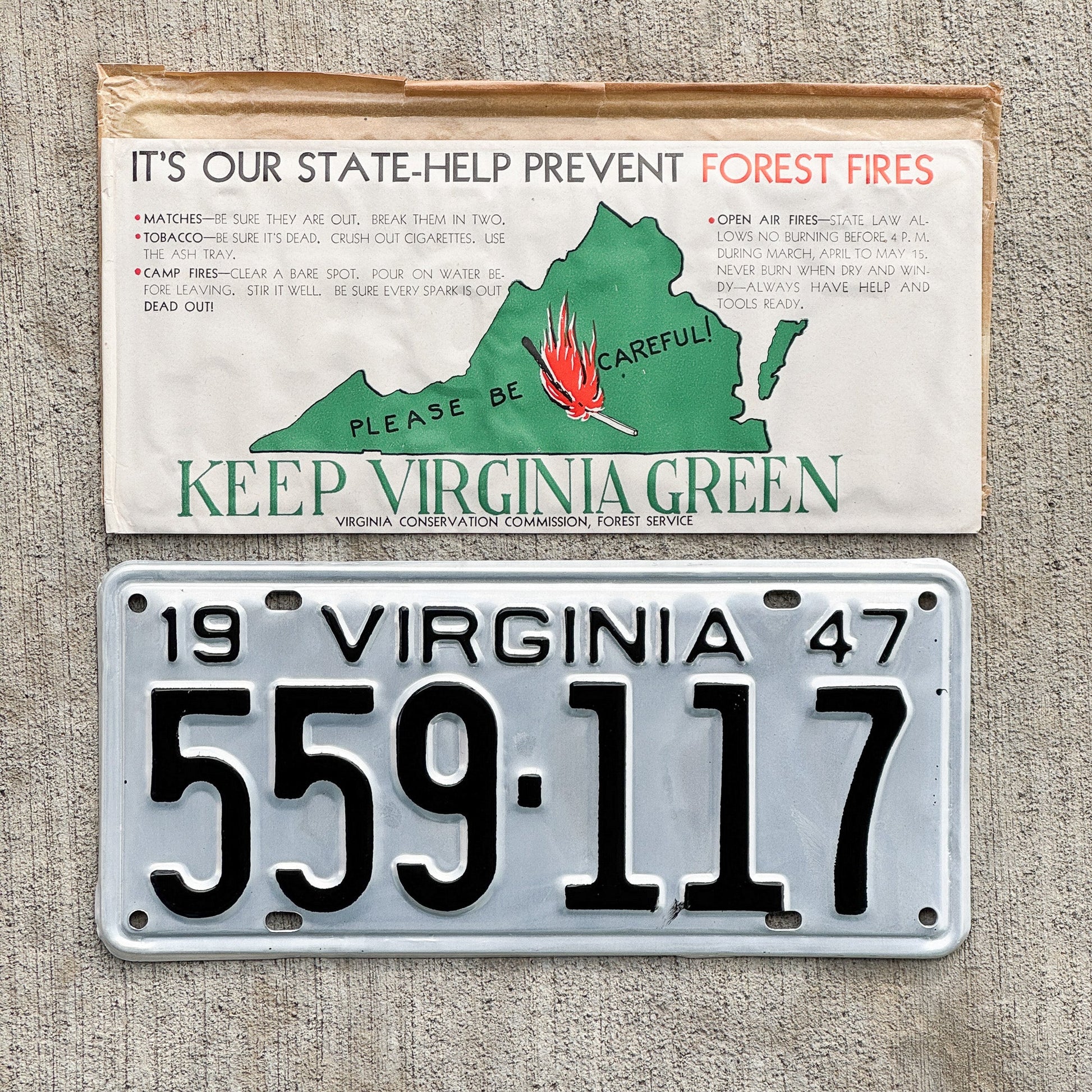 Photo of a 1947 Virginia License Plate Auto Tag Garage Decor Vintage New Old Stock 559 117 with original patina