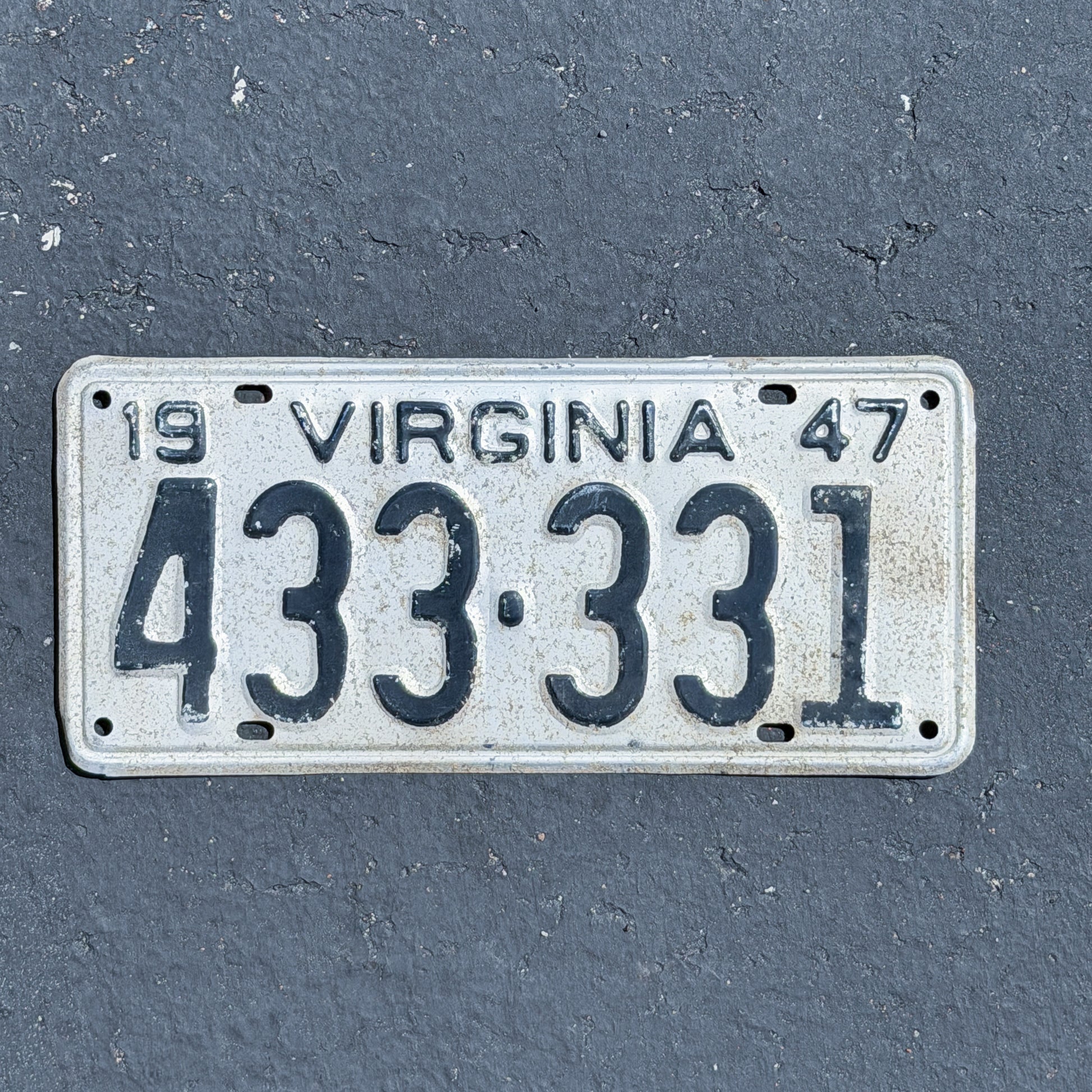 Photo of a 1947 Virginia License Plate Auto Tag Garage Decor Vintage Repeat Repeating 433 331 with original patina