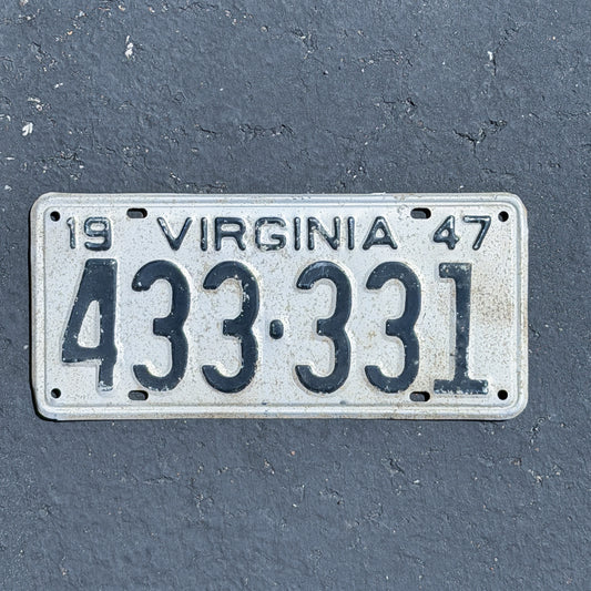 Photo of a 1947 Virginia License Plate Auto Tag Garage Decor Vintage Repeat Repeating 433 331 with original patina