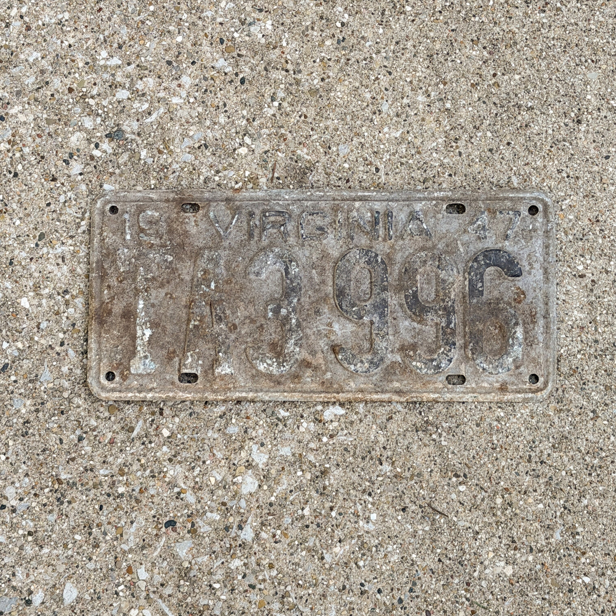 Photo of a 1947 Virginia Truck License Plate Auto Tag Garage Decor Vintage TA 3 996 with original patina