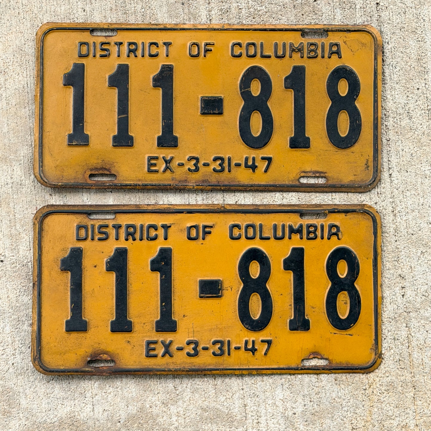 Photo of a 1947 Washington DC License Plate Pair Auto Tag Garage Decor Vintage Repeat Repeating 111 818 with original patina