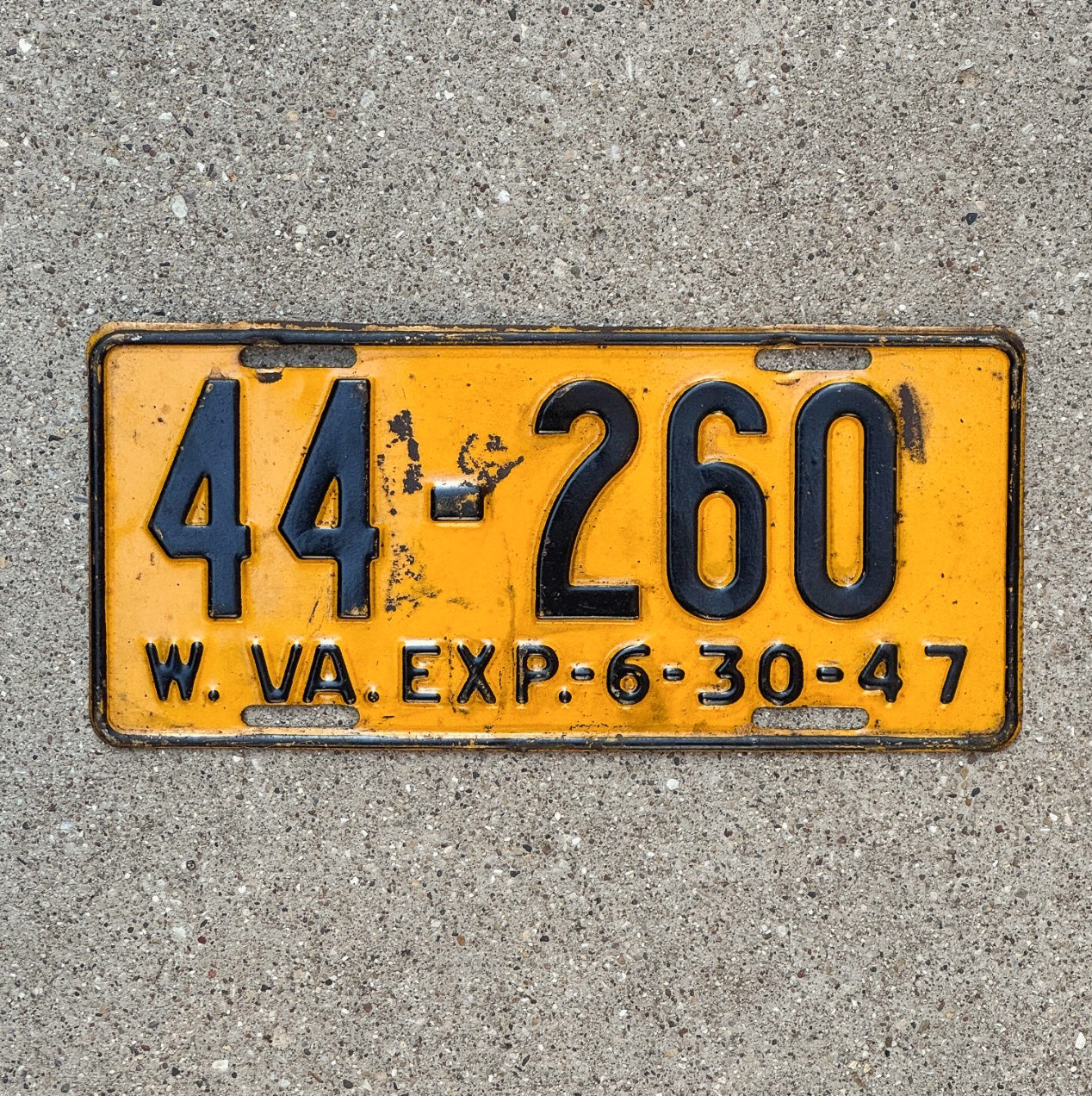 Photo of a 1947 West Virginia License Plate Auto Tag Garage Decor Vintage 44 260 with original patina