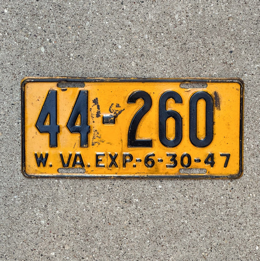 Photo of a 1947 West Virginia License Plate Auto Tag Garage Decor Vintage 44 260 with original patina