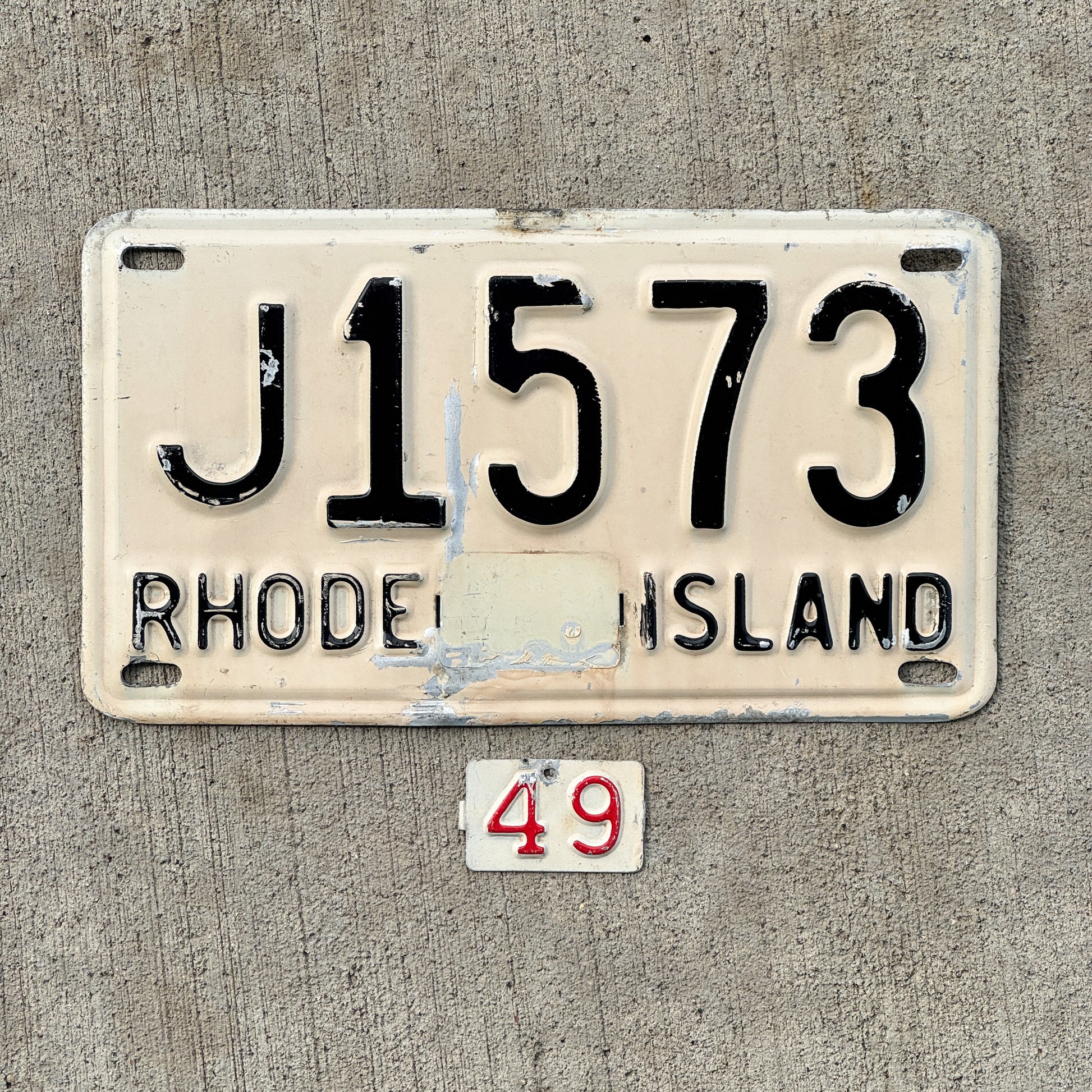 Photo of a 1948 1949 Rhode Island License Plate Auto Tag Garage Decor Vintage J 1573 with original patina
