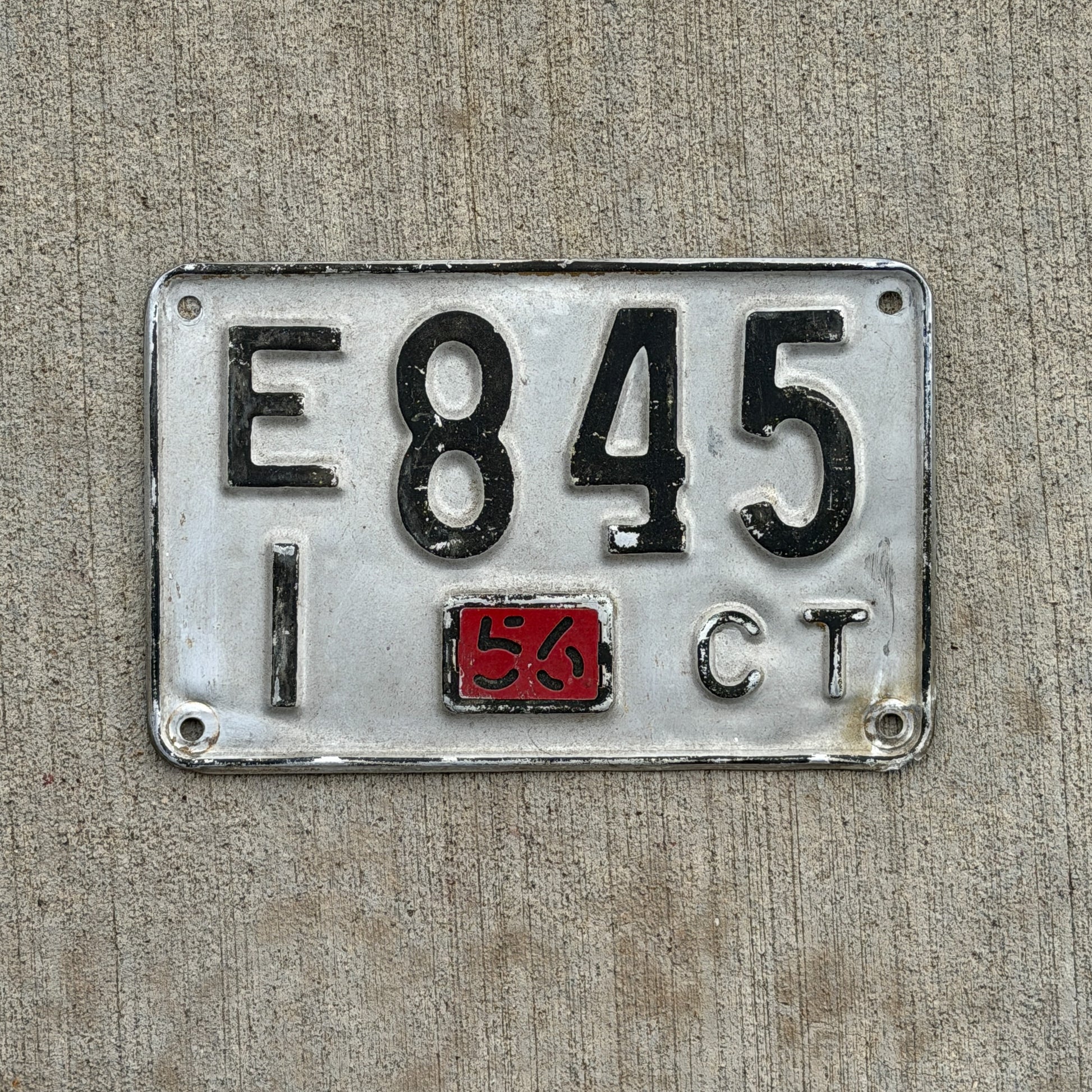 Photo of a 1948 1956 Connecticut License Plate Auto Tag Garage Decor Vintage EI 845 with original patina
