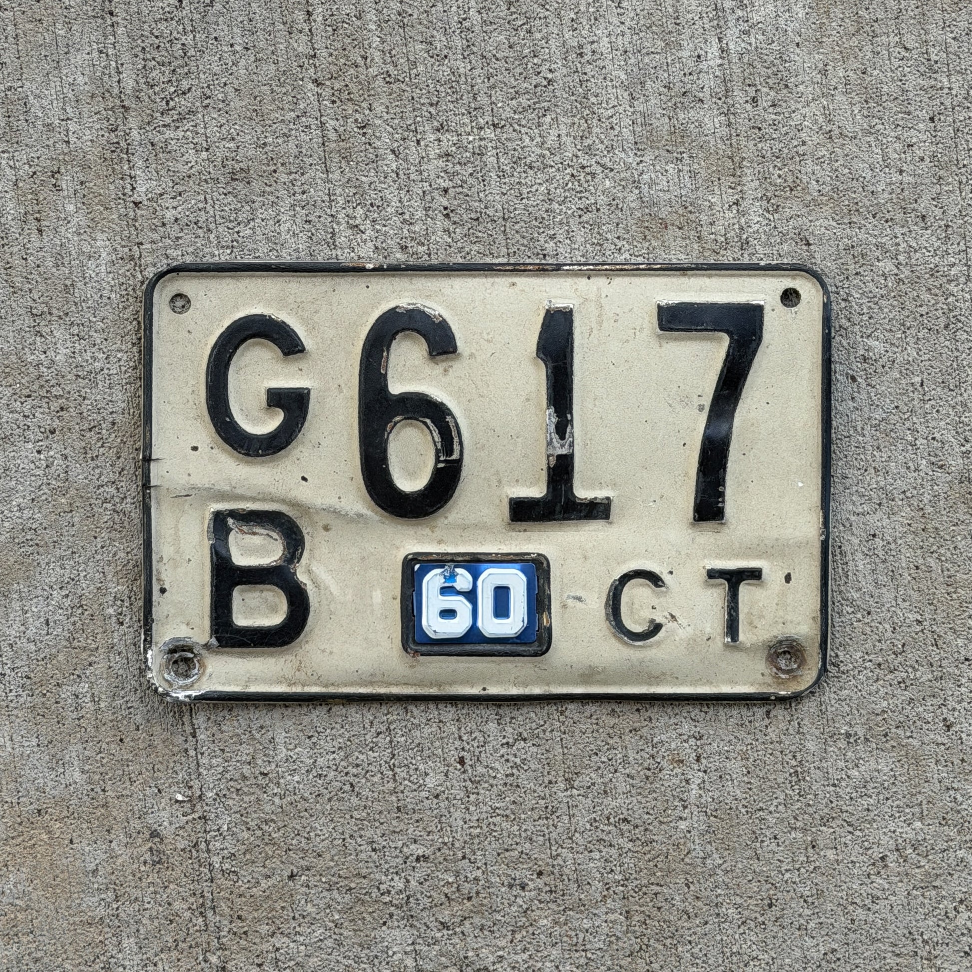 Photo of a 1948 1960 Connecticut License Plate Auto Tag Garage Decor Vintage GB 617 with original patina