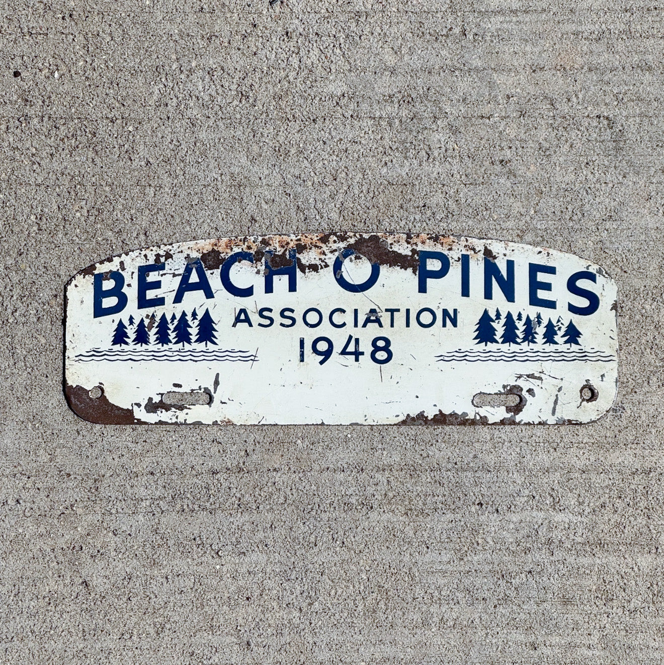 Photo of a 1948 Beach O Pines Ontario License Plate Topper Auto Tag Garage Decor Vintage Lake Huron Canada Canadian with original patina
