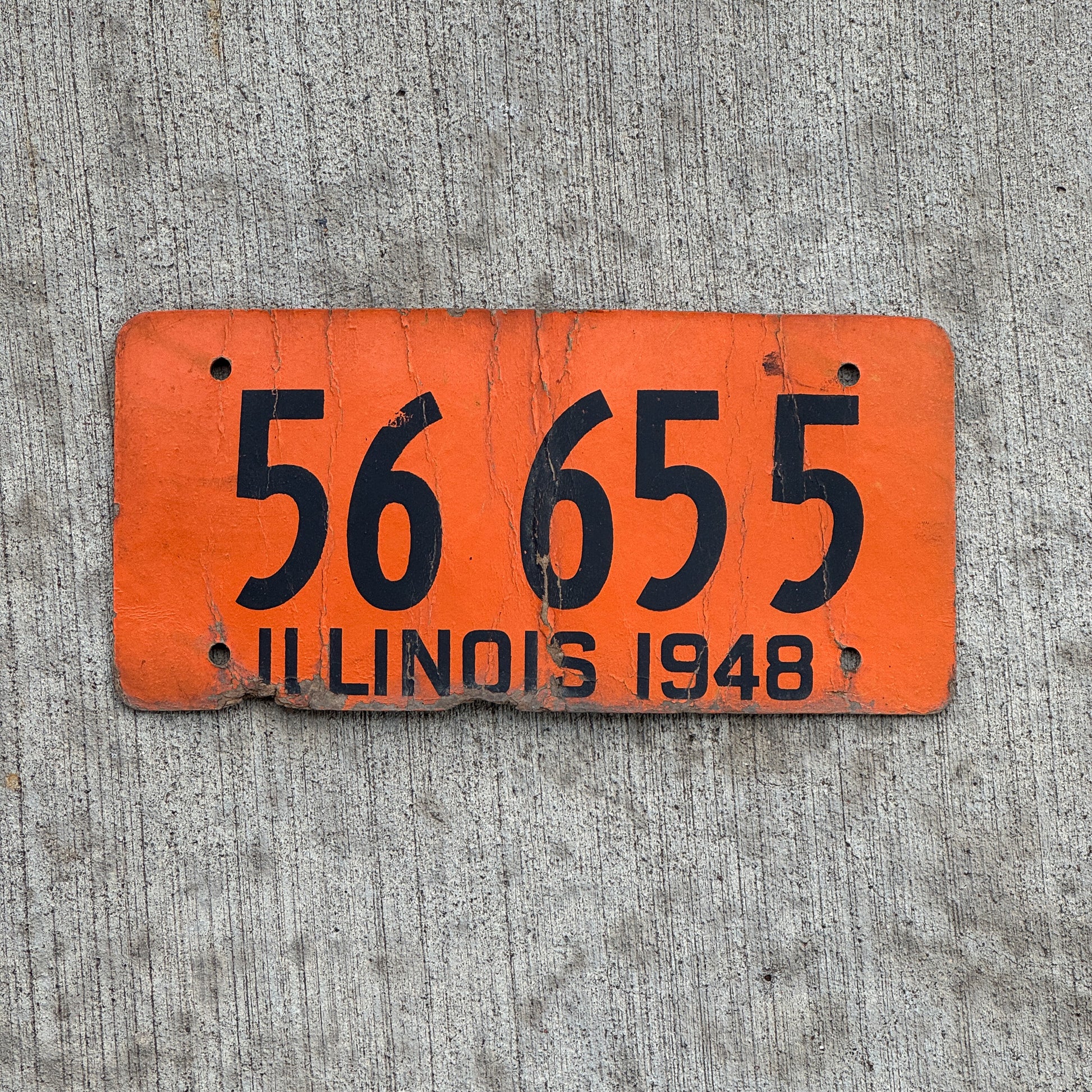 Photo of a 1948 Illinois Fiberboard License Plate Auto Tag Garage Decor Vintage Full House 56 655 with original patina
