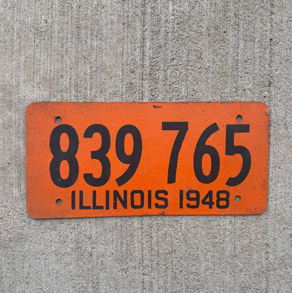 Photo of a 1948 Illinois Fiberboard License Plate Auto Tag Garage Decor Vintage WWII Year 839 765 with original patina