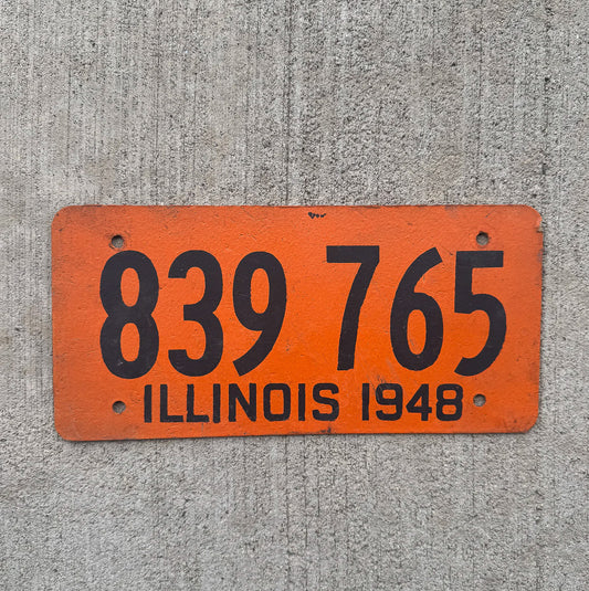 Photo of a 1948 Illinois Fiberboard License Plate Auto Tag Garage Decor Vintage WWII Year 839 765 with original patina