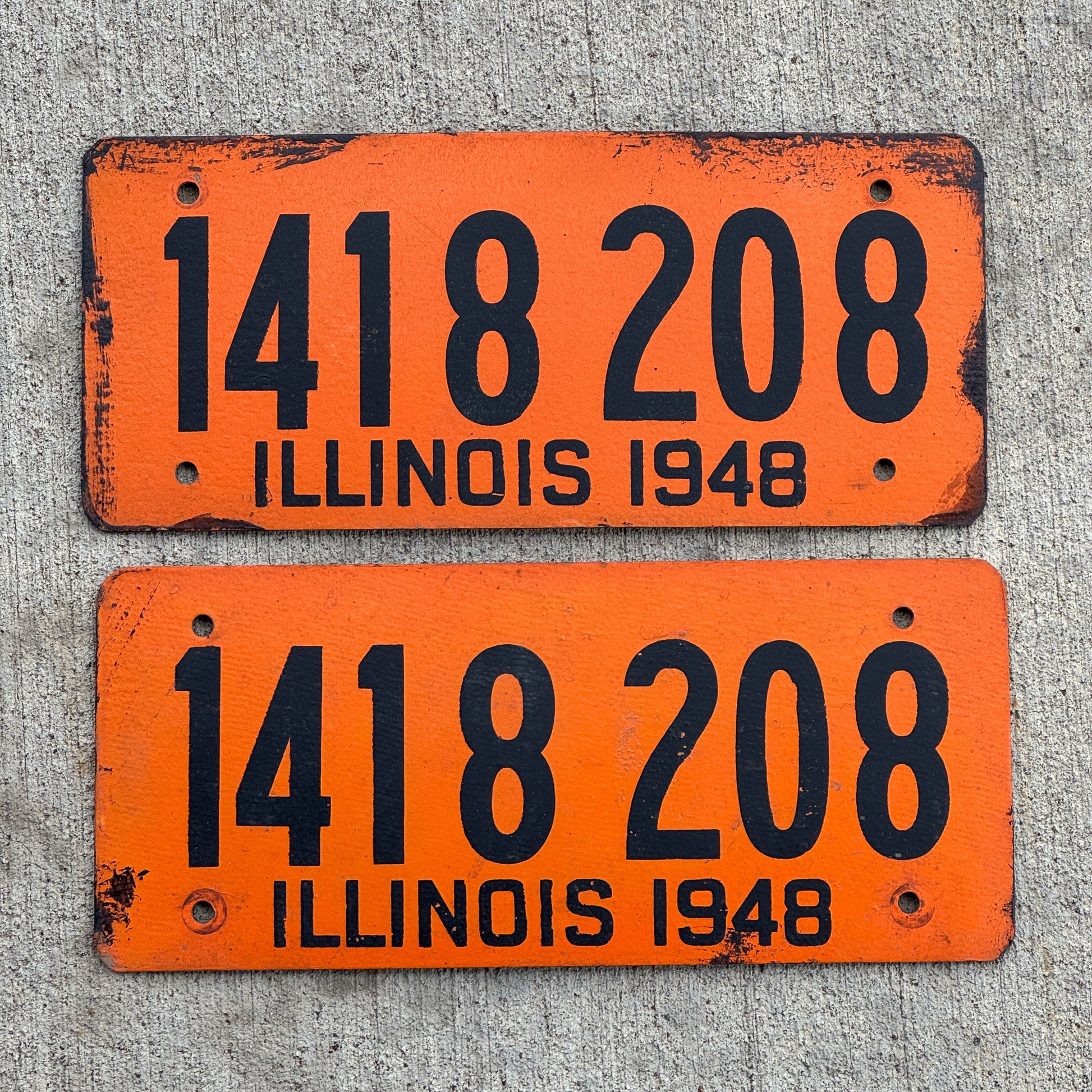Photo of a 1948 Illinois Fiberboard License Plate Pair Auto Tag Garage Decor Vintage 1 418 208 with original patina