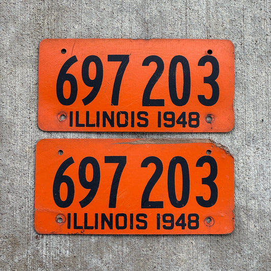 Photo of a 1948 Illinois Fiberboard License Plate Pair Auto Tag Garage Decor Vintage 697 203 with original patina