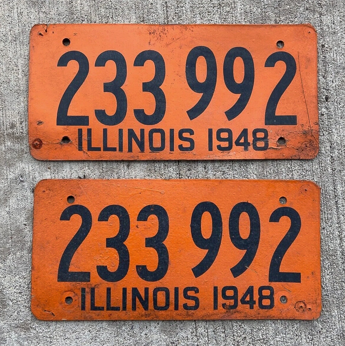 Photo of a 1948 Illinois Fiberboard License Plate Pair Auto Tag Garage Decor Vintage WWII War Year 233 992 with original patina