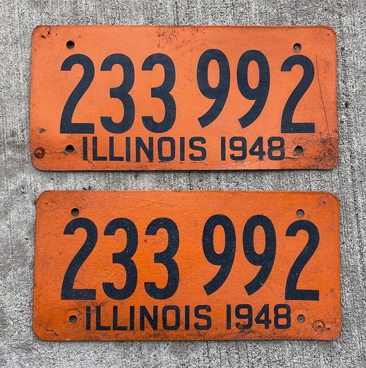 Photo of a 1948 Illinois Fiberboard License Plate Pair Auto Tag Garage Decor Vintage WWII War Year 233 992 with original patina