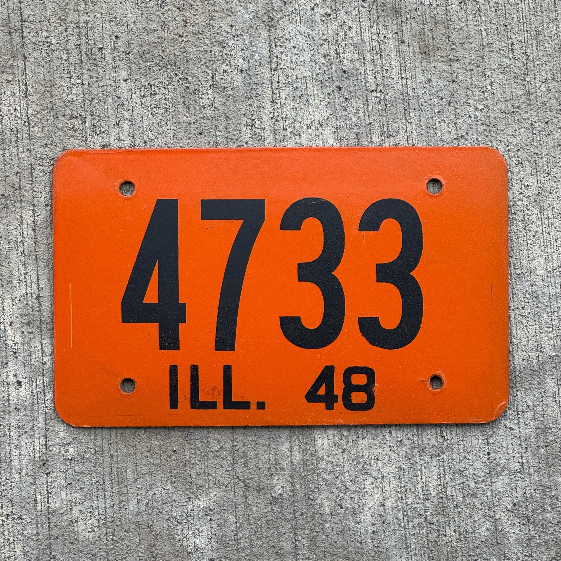 Photo of a 1948 Illinois License Plate Auto Tag Garage Decor Vintage Low Number Four Digit 4733 with original patina