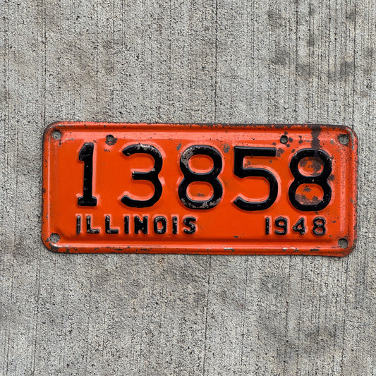 Photo of a 1948 Illinois Motorcycle License Plate Auto Tag Garage Decor Vintage 13858 with original patina