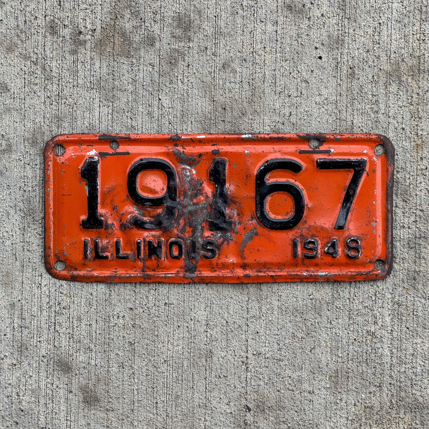 Photo of a 1948 Illinois Motorcycle License Plate Auto Tag Garage Decor Vintage 19167 with original patina