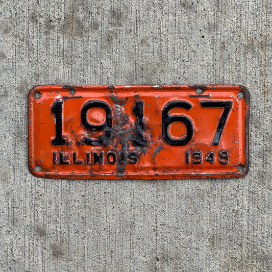 Photo of a 1948 Illinois Motorcycle License Plate Auto Tag Garage Decor Vintage 19167 with original patina