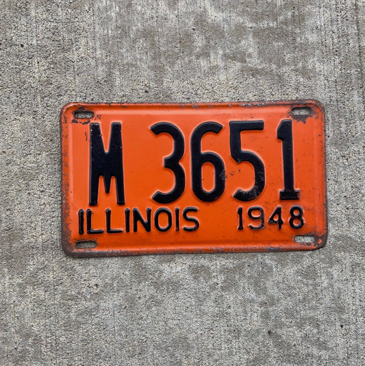Photo of a 1948 Illinois Municipal License Plate Auto Tag Garage Decor Vintage M 3651 with original patina
