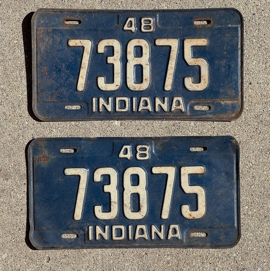 Photo of a 1948 Indiana License Plate Pair Auto Tag Garage Decor Vintage 73875 with original patina