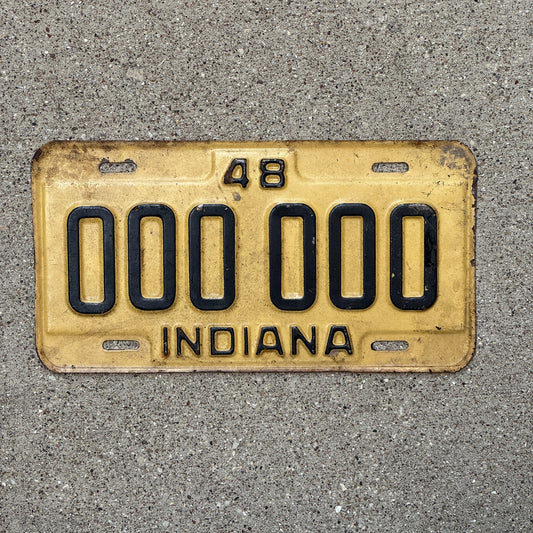 Photo of a 1948 Indiana Sample License Plate Auto Tag 2 Garage Decor Prototype Wrong Colors 000 000 with original patina