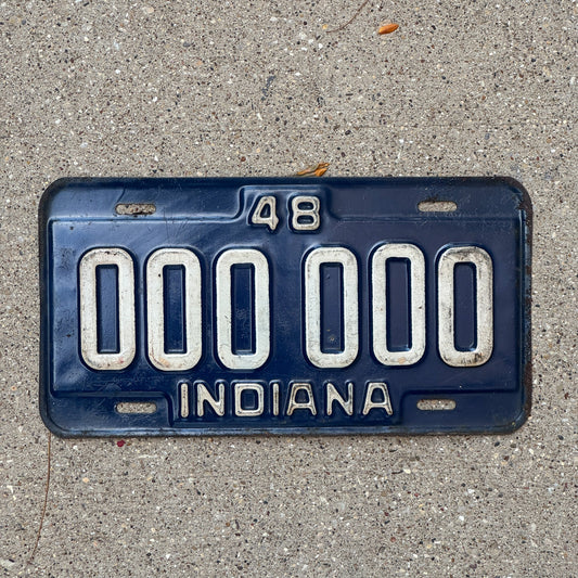 Photo of a 1948 Indiana Sample License Plate Auto Tag 3 Vintage 000 000 with original patina