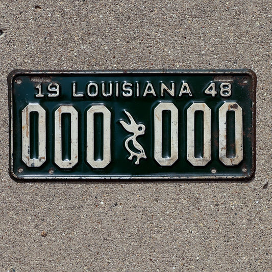 Photo of a 1948 Louisiana Sample License Plate Auto Tag Garage Decor Vintage Iconic Pelicn 000 000 with original patina