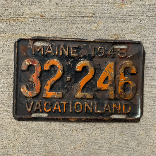 Photo of a 1948 Maine Brass License Plate Auto Tag Garage Decor Vintage Brass Orange 32246