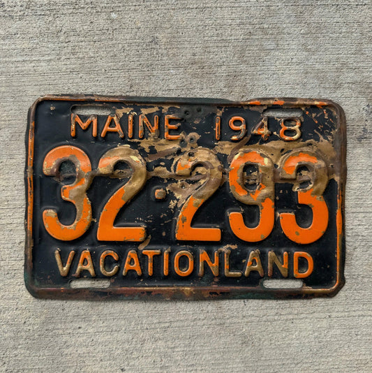 Photo of a 1948 Maine Brass License Plate Auto Tag Garage Decor Vintage Brass Orange 32293