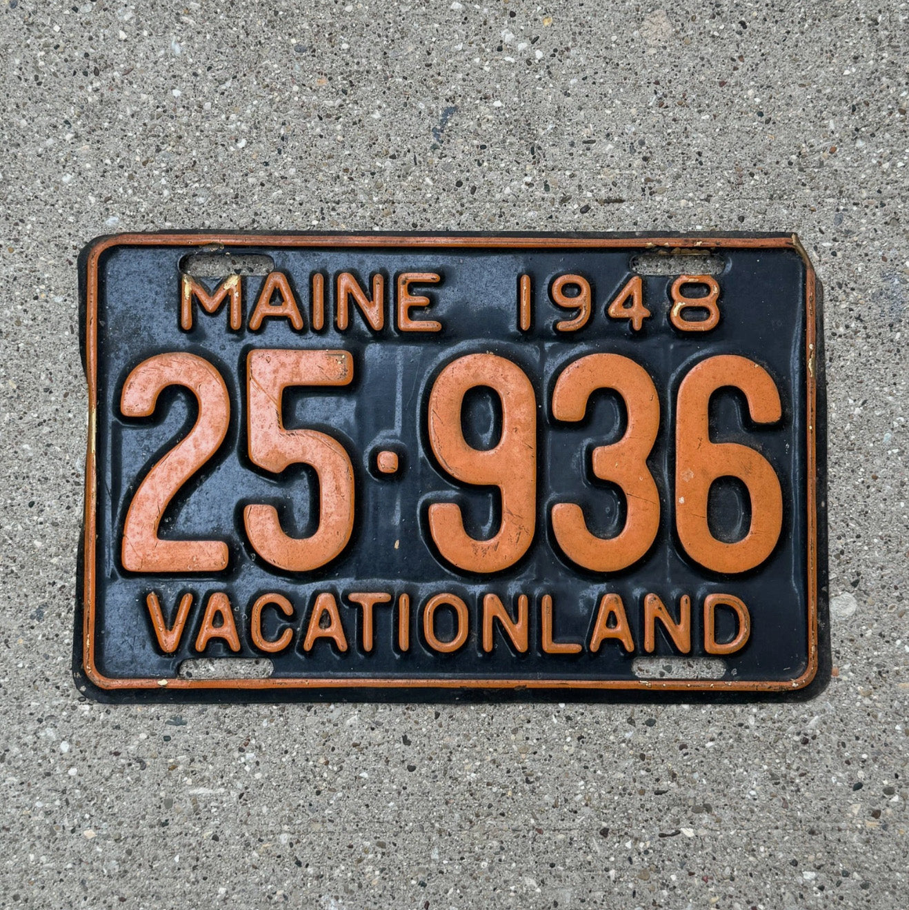 Photo of a 1948 Maine License Plate Auto Tag Garage Decor Vintage 25.936 with original patina