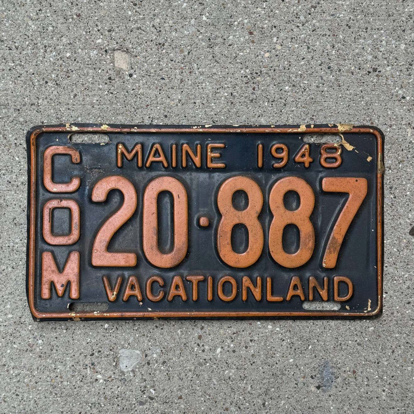 Photo of a 1948 Maine Truck License Plate Auto Tag Garage Decor Vintage 20 887 with original patina