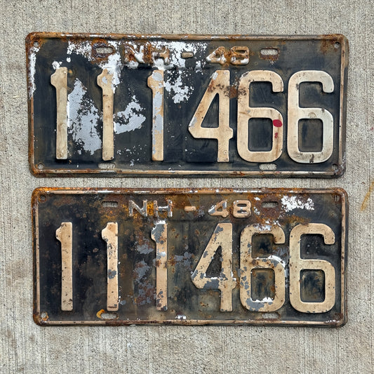 Photo of a 1948 New Hampshire License Plate Pair Auto Tag Garage Decor Vintage Repeat Repeating 111 466 with original patina