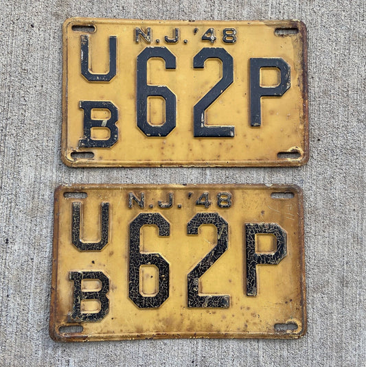 Photo of a 1948 New Jersey License Plate Pair Auto Tag Garage Decor Vintage UB 62 P with original patina