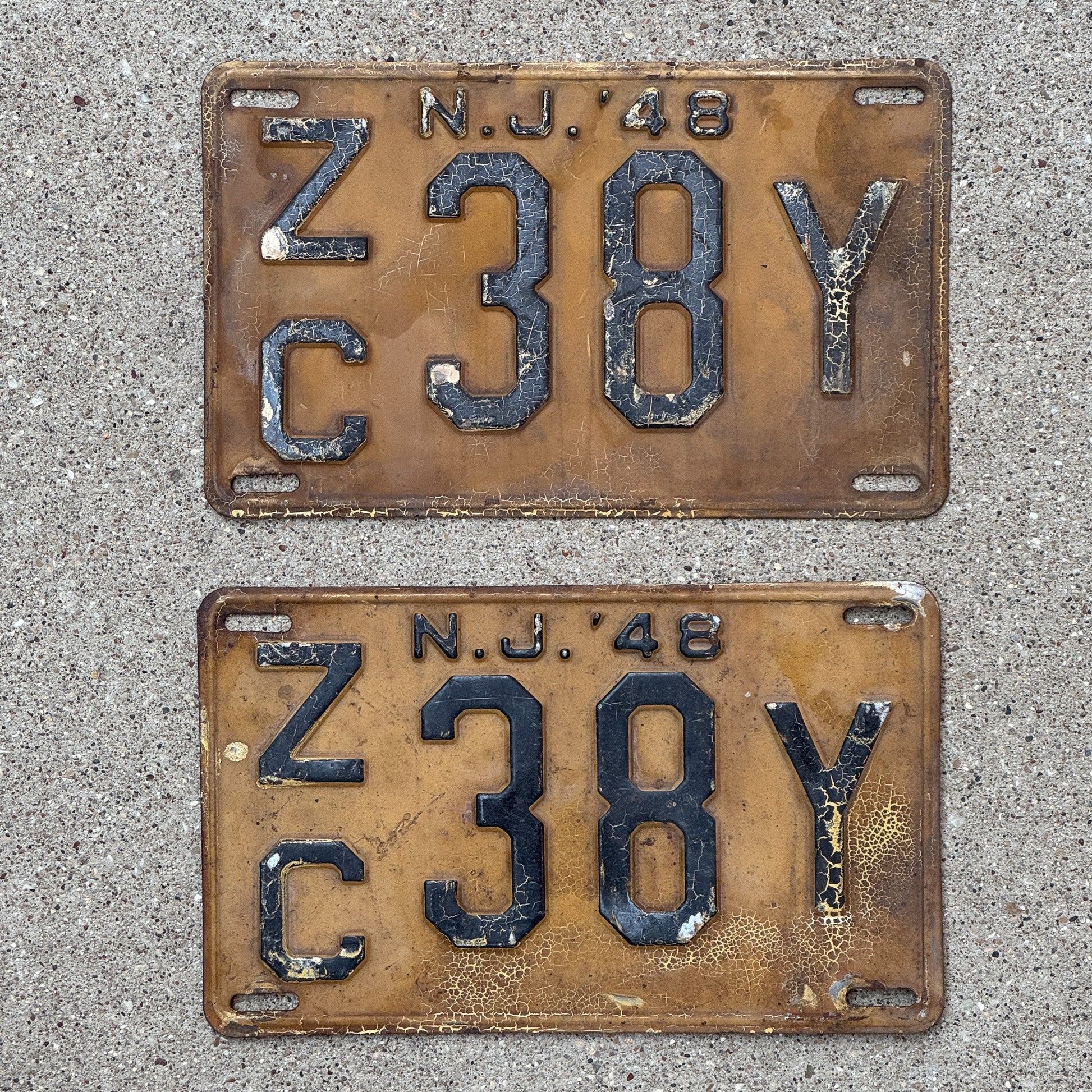 Photo of a 1948 New Jersey License Plate Pair Auto Tag Garage Decor Vintage ZC 38 Y