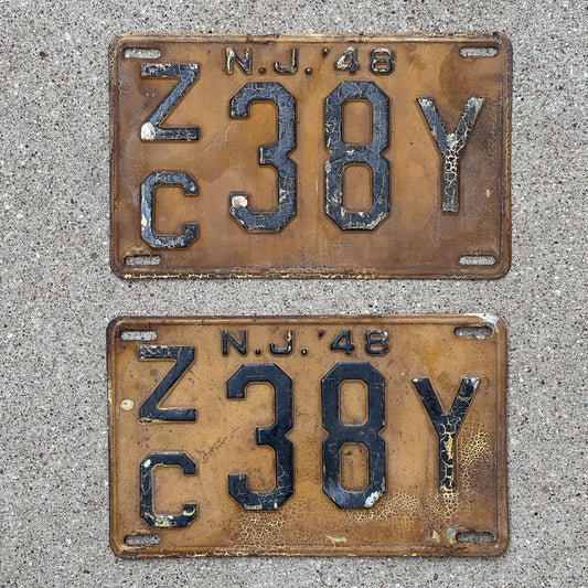 Photo of a 1948 New Jersey License Plate Pair Auto Tag Garage Decor Vintage ZC 38 Y