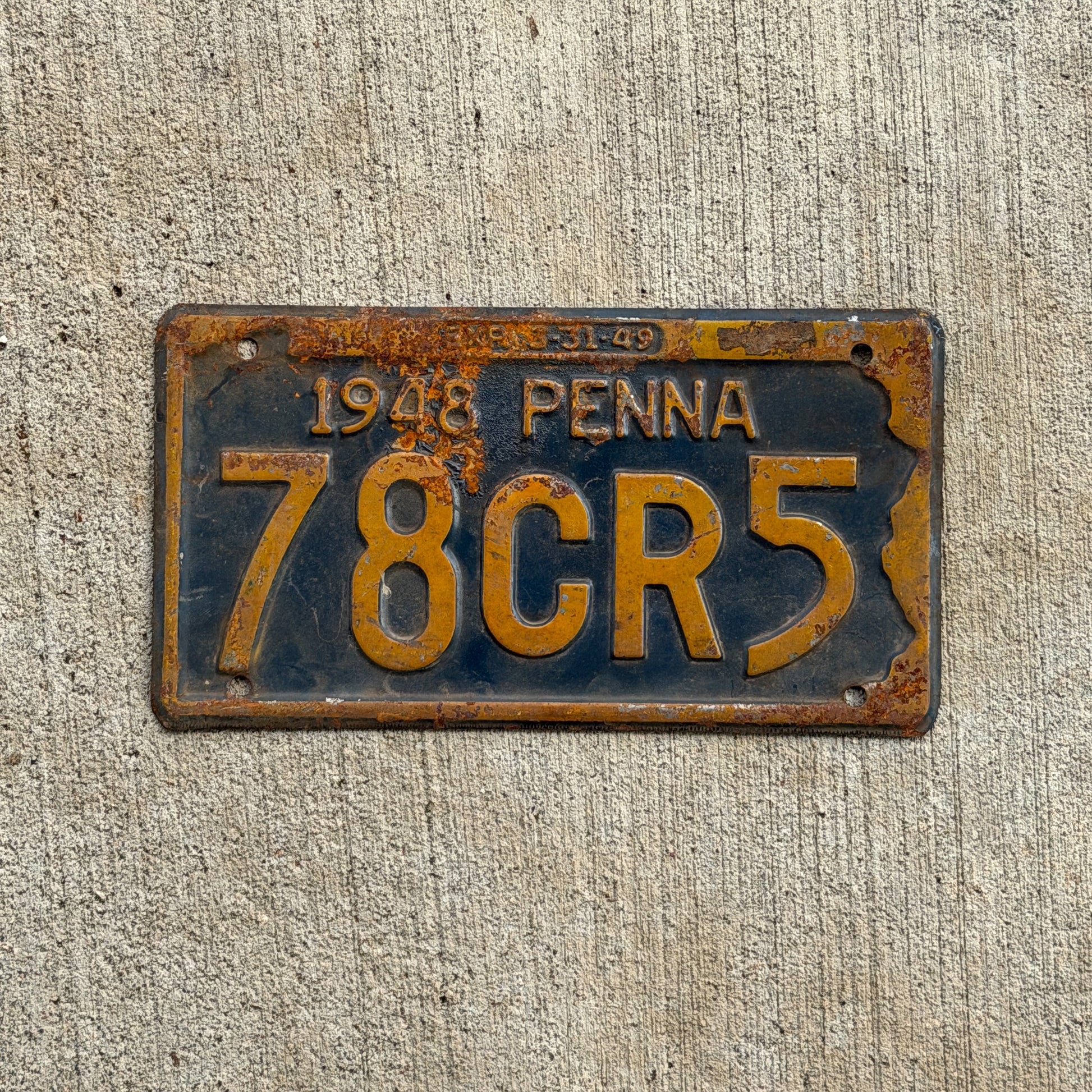 Photo of a 1948 Pennsylvania License Plate Auto Tag Garage Decor Vintage 78 CR 5 with original patina