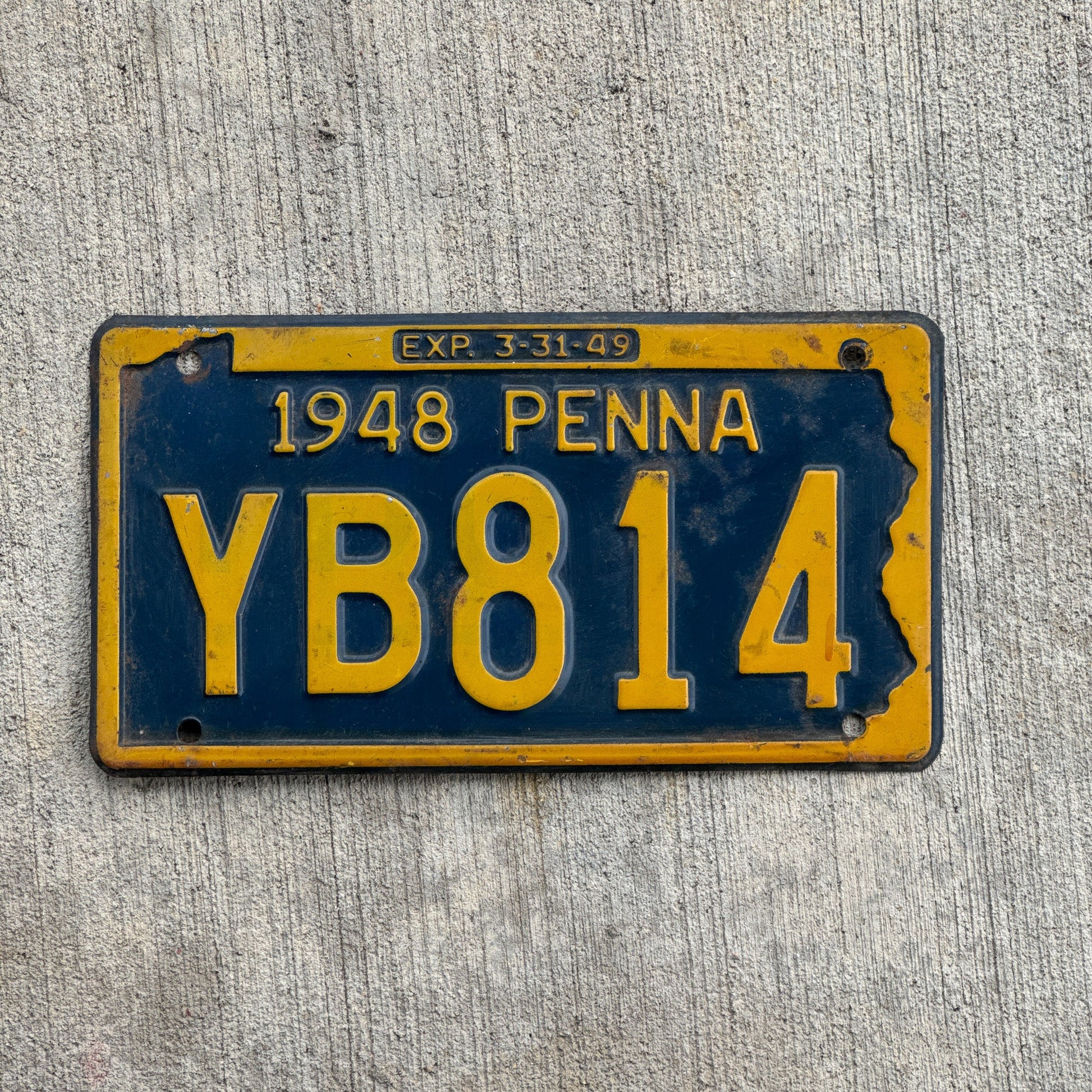 Photo of a 1948 Pennsylvania License Plate Auto Tag Garage Decor Vintage YB 814 with original patina