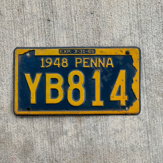Photo of a 1948 Pennsylvania License Plate Auto Tag Garage Decor Vintage YB 814 with original patina