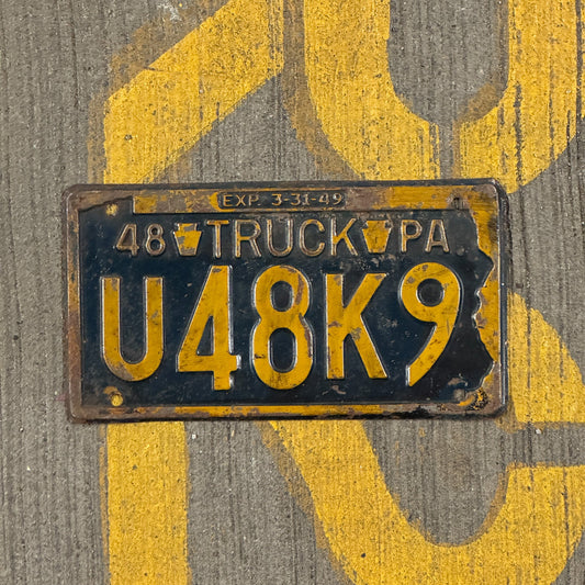 Photo of a 1948 Pennsylvania Truck License Plate Auto Tag Garage Decor Vintage U 48 K9