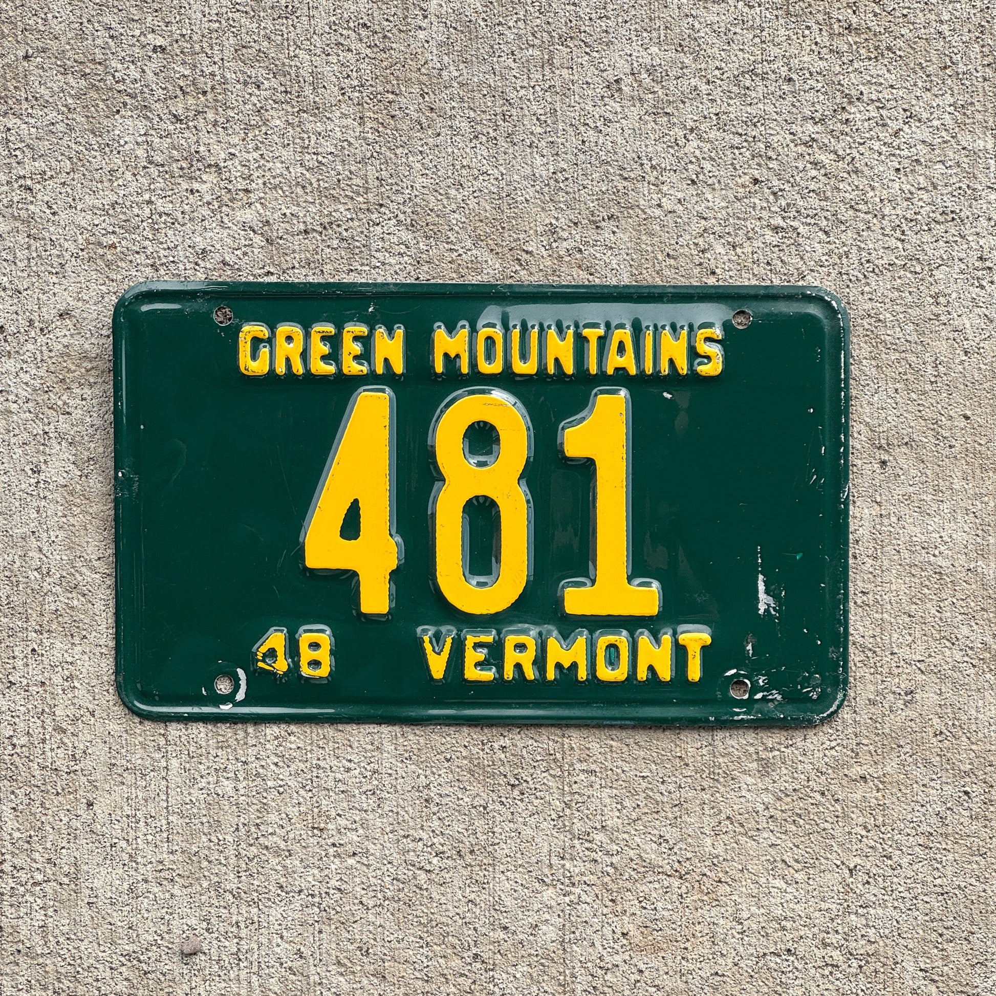 Photo of a 1948 Vermont License Plate Auto Tag Garage Decor Vintage Low Number Three Digit 481 with original patina