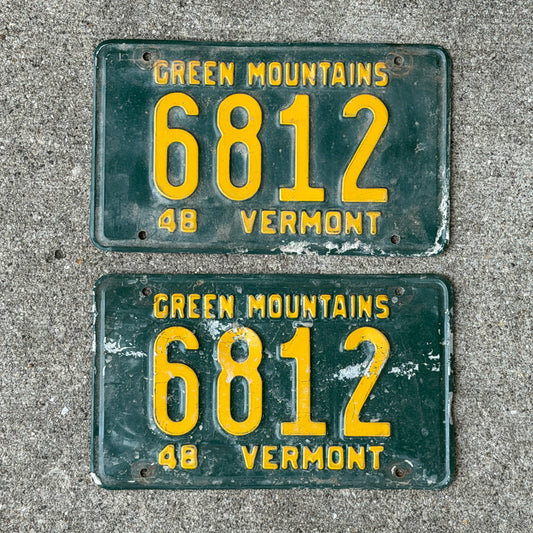 Photo of a 1948 Vermont License Plate Pair Auto Tag Garage Decor Vintage Low Number Four Digit 6812 with original patina