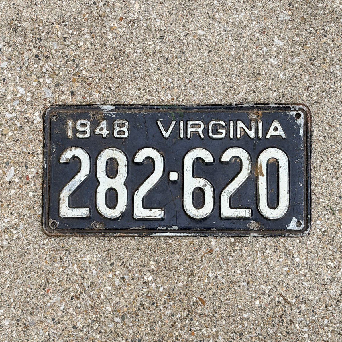 Photo of a 1948 Virginia License Plate Auto Tag Garage Decor Vintage 282 620 with original patina