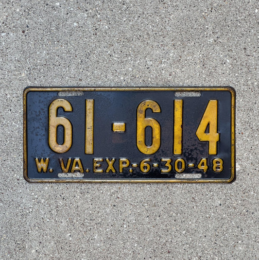 Photo of a 1948 West Virginia License Plate Auto Tag Garage Decor Vintage 61 614 with original patina