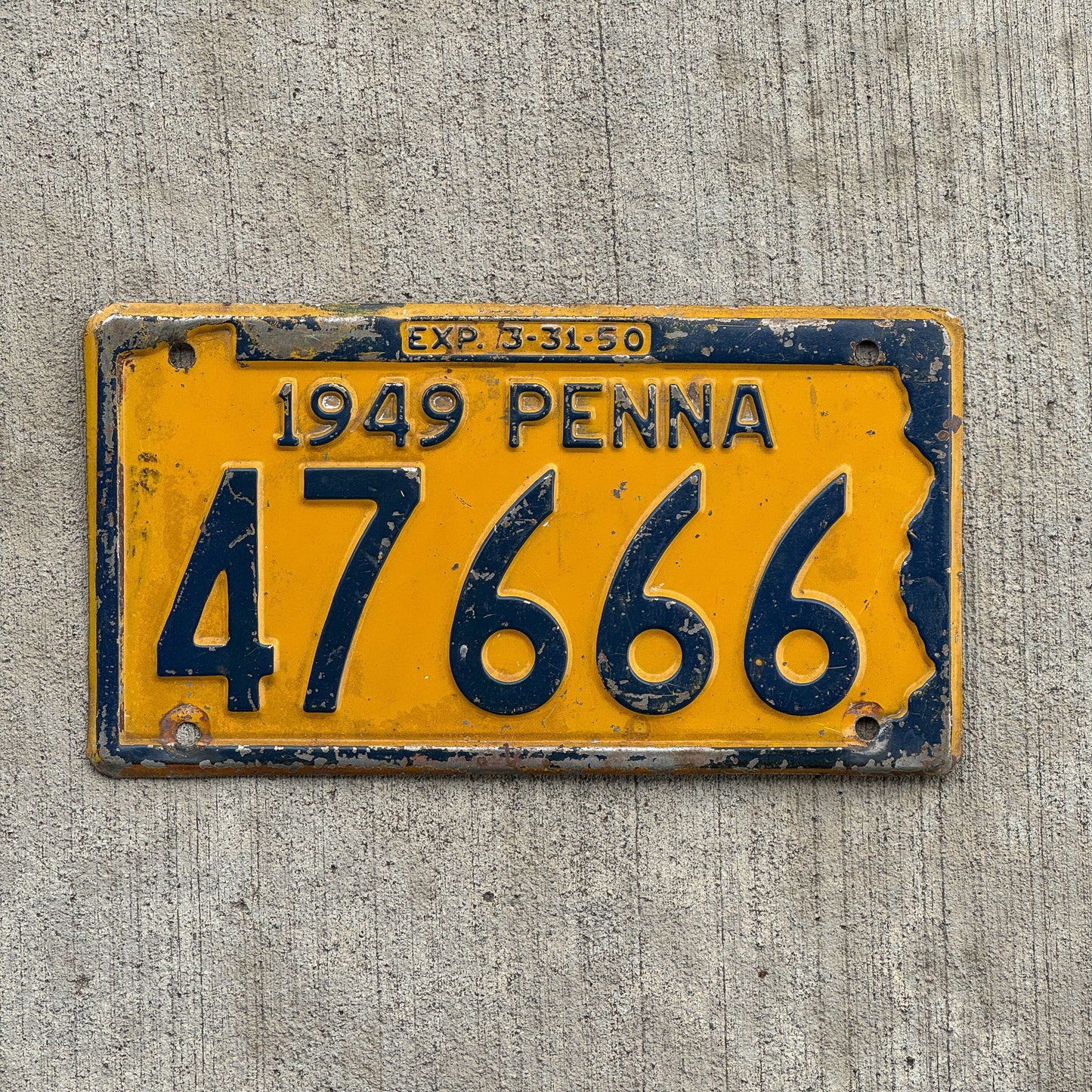 Photo of a 1949 1950 Pennsylvania License Plate Auto Tag Garage Decor Vintage Devil Evil 666 Repeat Repeating 47 666 with original patina
