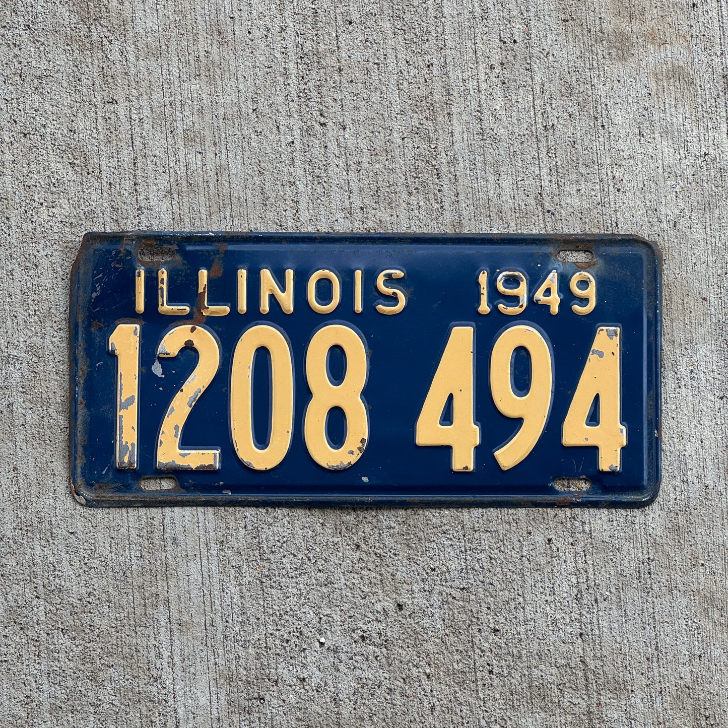 Photo of a 1949 Illinois License Plate Auto Tag Garage Decor Vintage 1 208 494 with original patina