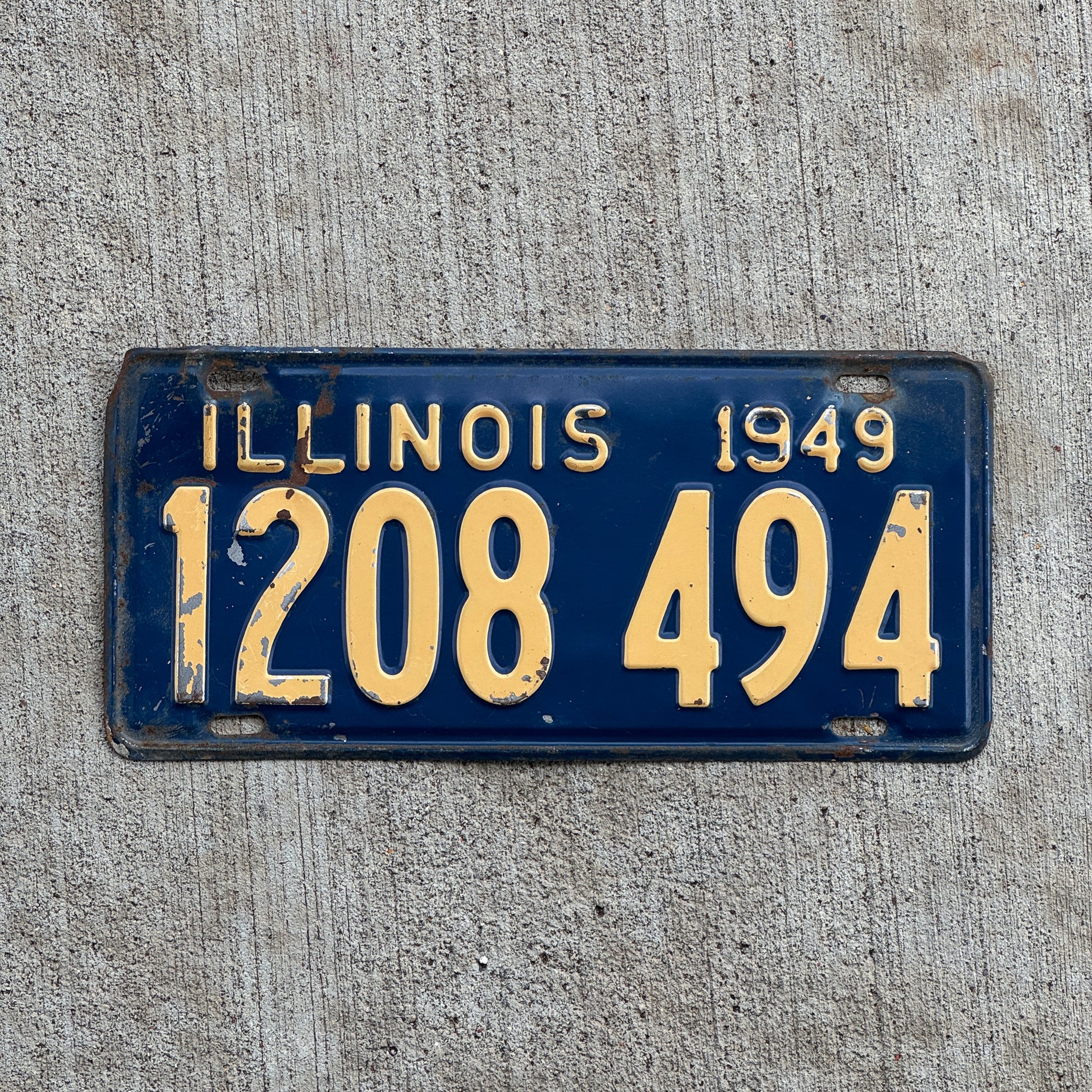 Photo of a 1949 Illinois License Plate Auto Tag Garage Decor Vintage 1 208 494 with original patina