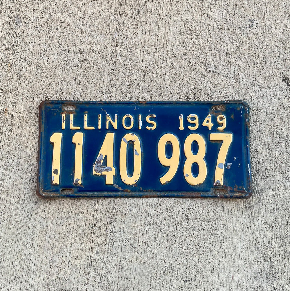 Photo of a 1949 Illinois License Plate Auto Tag Garage Decor Vintage 1140 987 with original patina