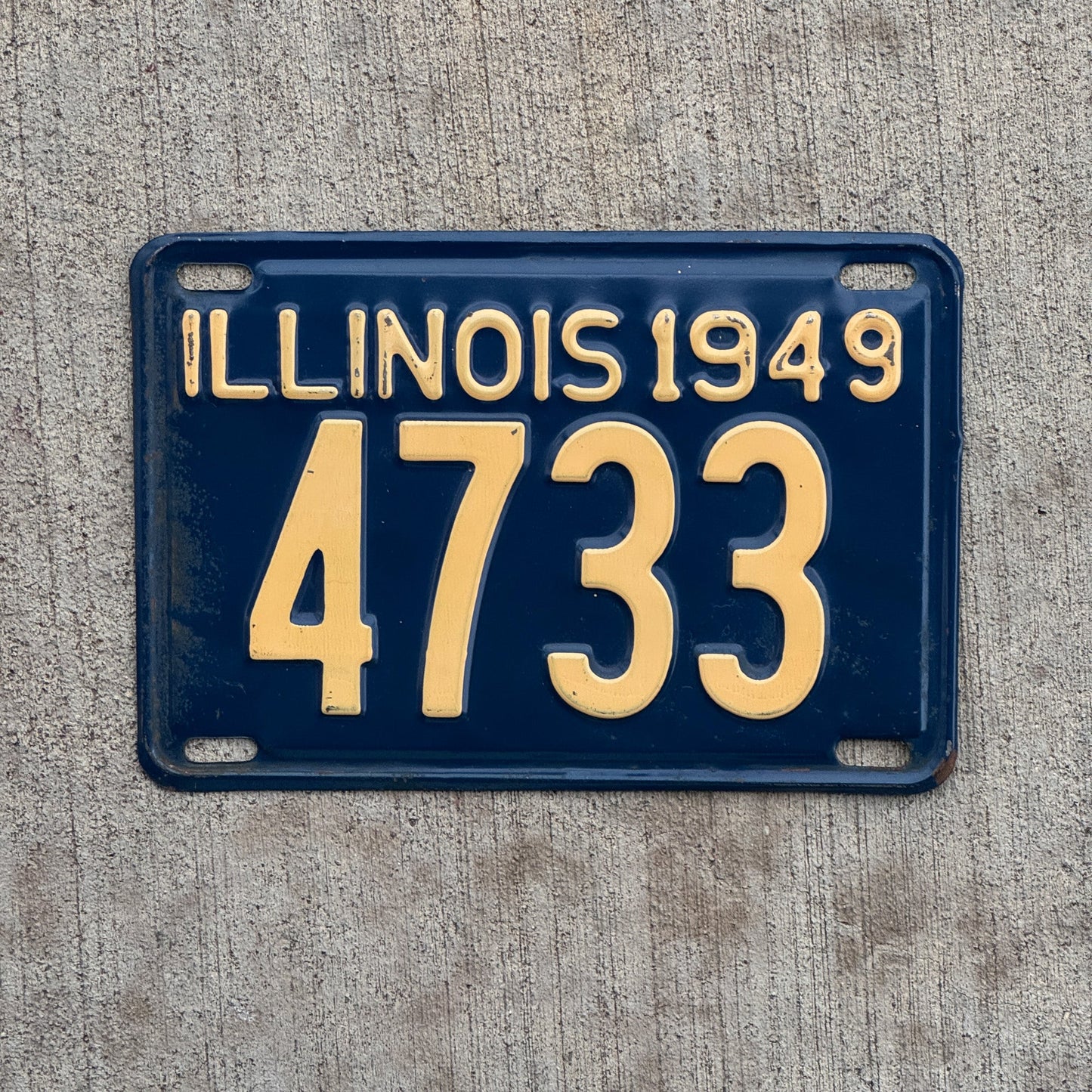 Photo of a 1949 Illinois License Plate Auto Tag Garage Decor Vintage Low Number Four Digit 4733 with original patina