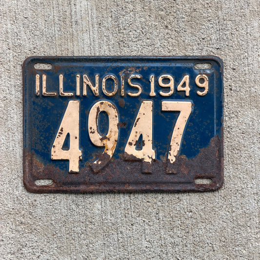 Photo of a 1949 Illinois License Plate Auto Tag Garage Decor Vintage Low Number Four Digit 4947 with original patina